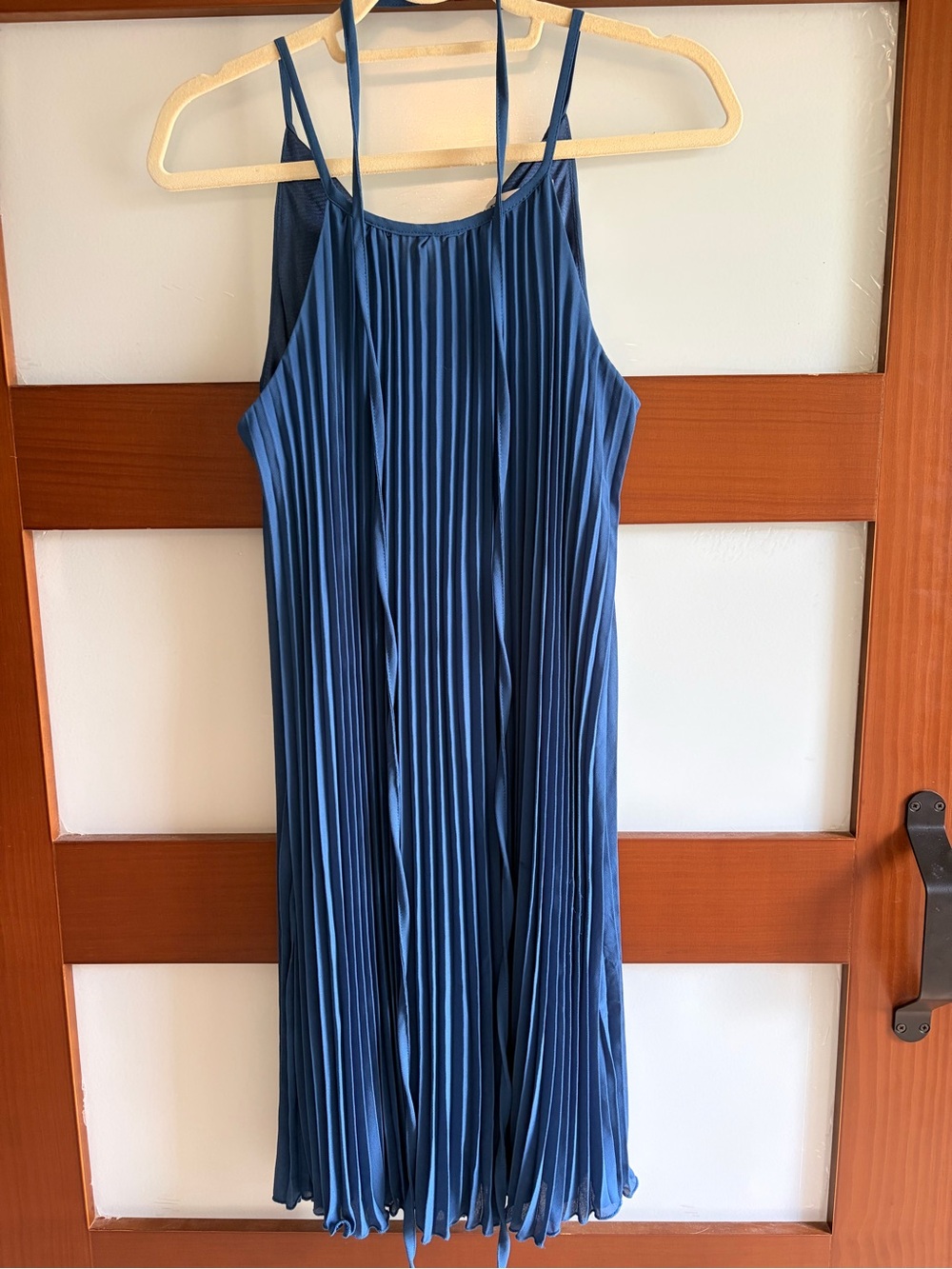 Blue Pleated Spaghetti-Strap Dress Ellames Size Medium